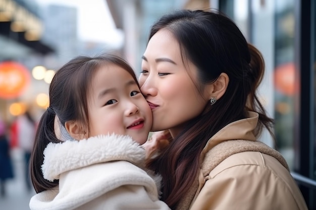 A mother and her daughter are kissing the cheek of her