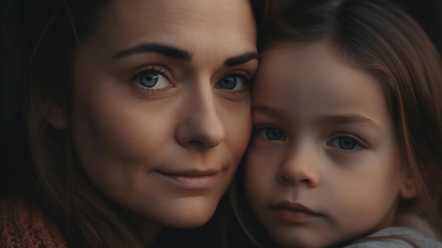 A mother and her daughter are looking at the camera.