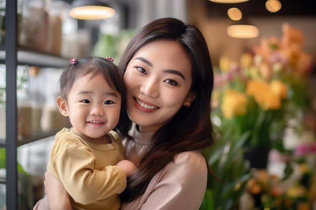 A mother and her daughter are smiling and holding a baby