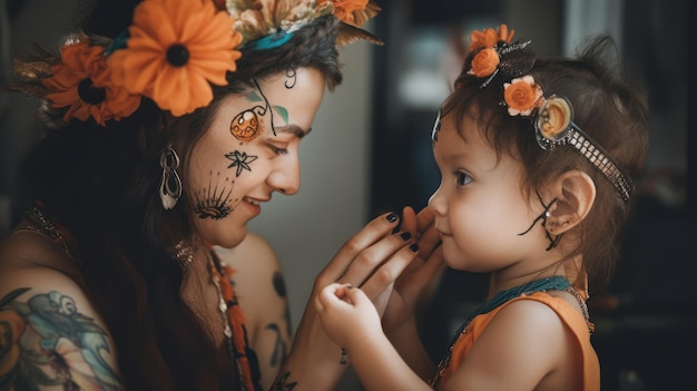 A mother and her daughter are wearing orange flowers and the word mother is on her head.