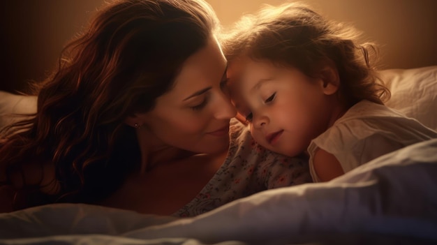 A mother and her daughter cuddling in bed