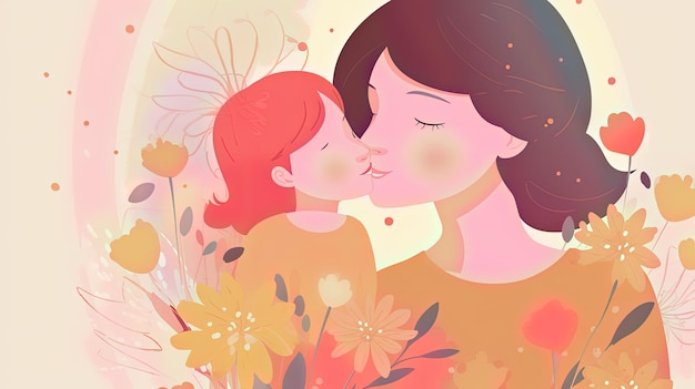 A mother and her daughter kiss on a floral background.