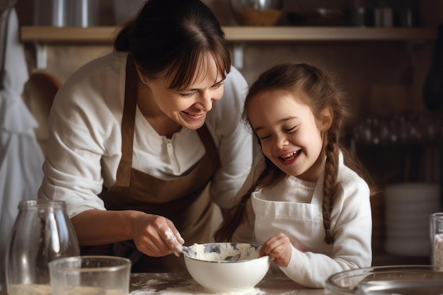 Mother and her daughter with Down syndrome enjoy baking together