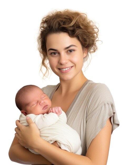 Photo mother and her newborn baby in white background