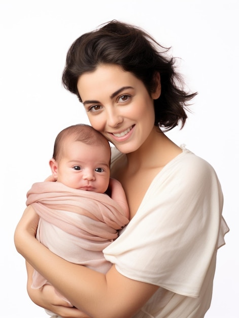 Mother and her newborn baby in white background