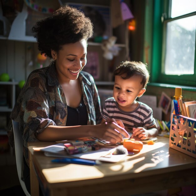 A mother and her son are painting together at a table