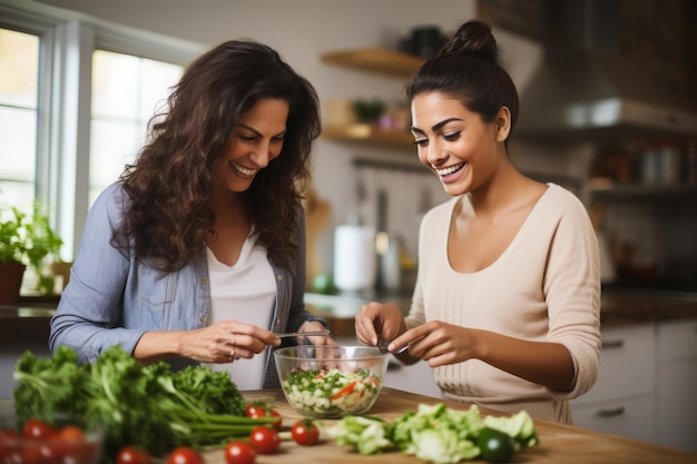 Mother and her teenage daughter are happily cooking together