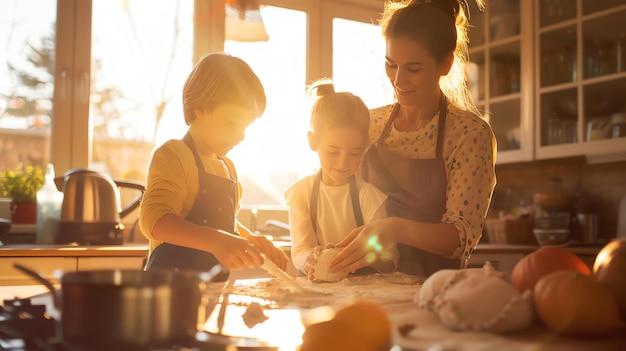 Photo mother and her two children are cooking together in the kitchen they are making a mess but they are having a lot of fun