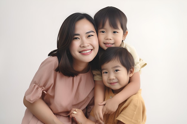 A mother and her two children pose for a photo.