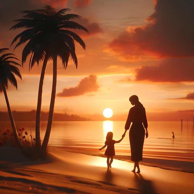 a mother and her young daughter holding hands and walking along a beach at sunset