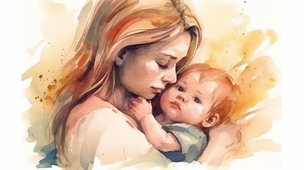 Mother hold baby watercolor style AI generated illustration