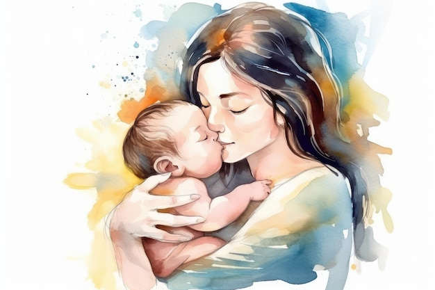 Mother hold baby watercolor style AI