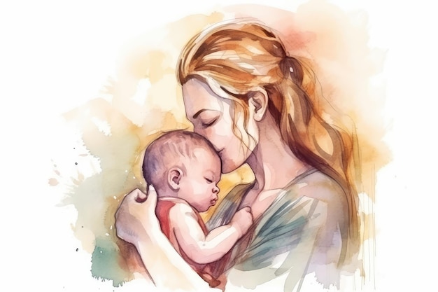 Mother hold baby watercolor style