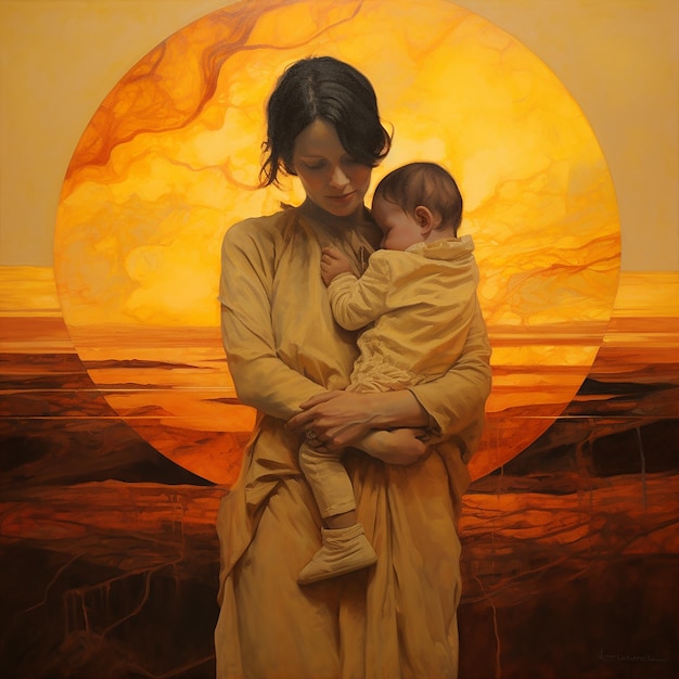 Mother holding a baby in front of a yellow sun set