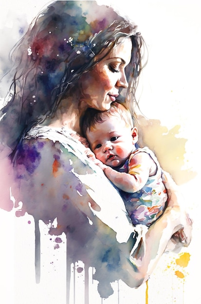 Mother holding a baby mother's day watercolor drawing Generative Ai