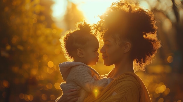 Photo mother holding the baby in the sunshine