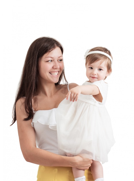 Mother holding cute little girl isolated on white