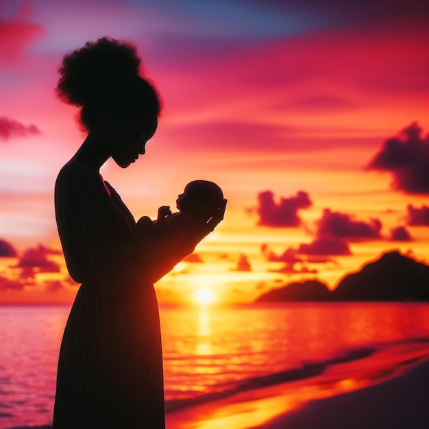 a mother holding her baby on the beach at sunset