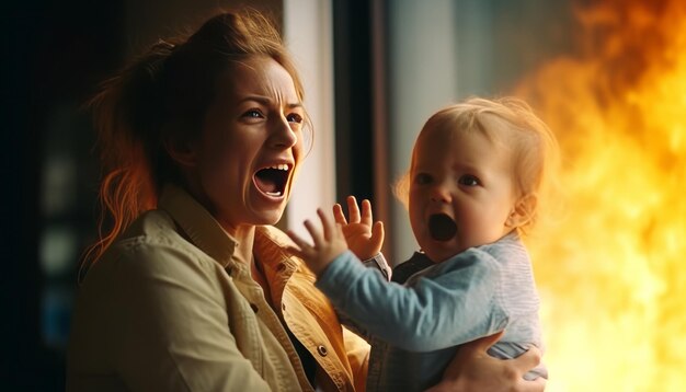 a mother holding her baby and screaming out of a window with fire