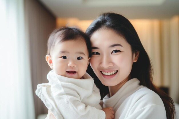 Photo a mother holding her baby and smiling at the camera