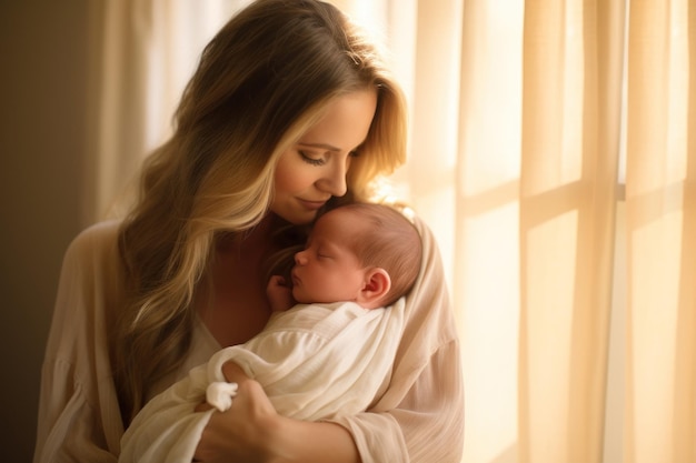 Mother holding the newborn baby in a warm sunny room on illuminated window background