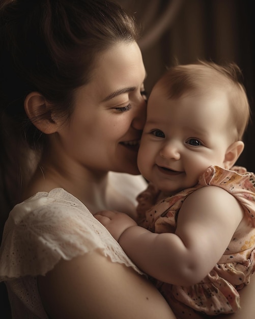 A mother holds her baby girl in her arms