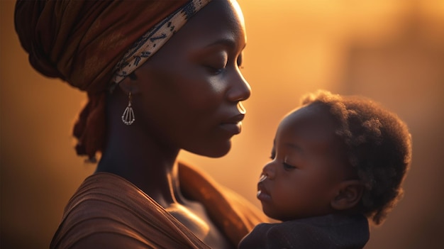 Una madre tiene in braccio il suo bambino in un tramonto giallo.