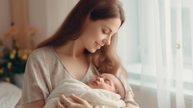 a mother holds her newborn baby in her arms