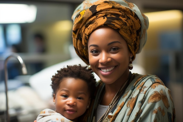 Mother holds a newborn child who is shown in hospital room