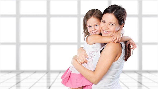 Mother hug child isolated two white happiness