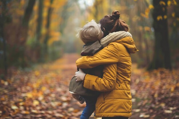 Photo mother hugging her child during walk in autumn park fall season and single parent