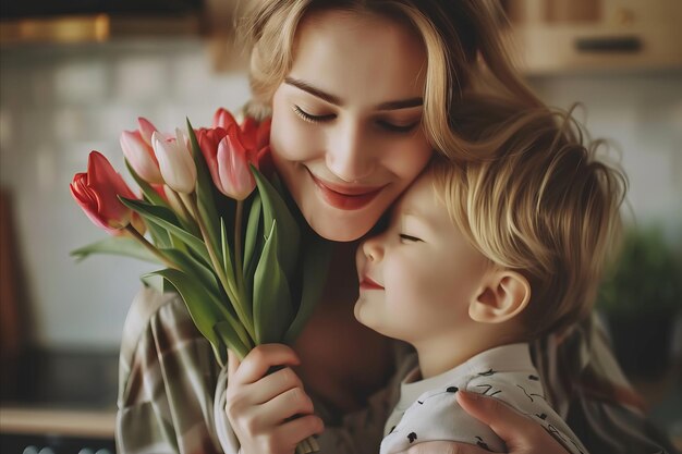 母の日に花束で息子を抱きしめる母