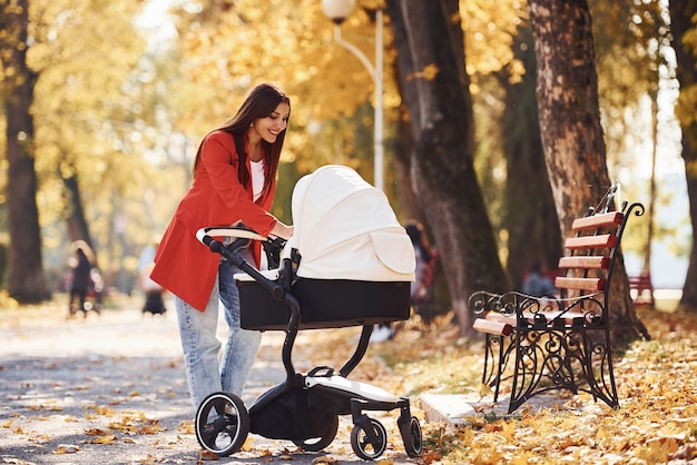 写真 赤いコートを着たお母さんは、秋の公園の乳母車で子供と散歩をしています。