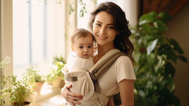 A mother is holding her baby in a baby carrier