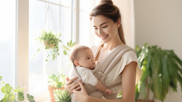 A mother is holding her baby in a baby carrier