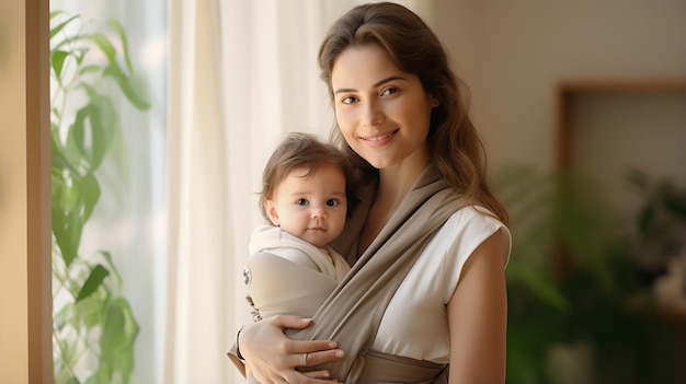 A mother is holding her baby in a baby carrier