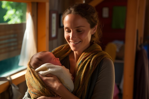 Photo a mother is holding her newborn baby in her arms the baby is sleeping soundly