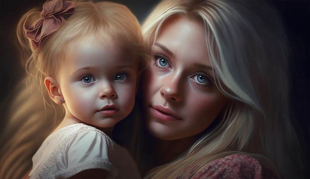 어머니는 그녀의 귀여운 아기 딸을 실내에서 사랑하고 있습니다 명랑한 그림 Ai 생성 예술