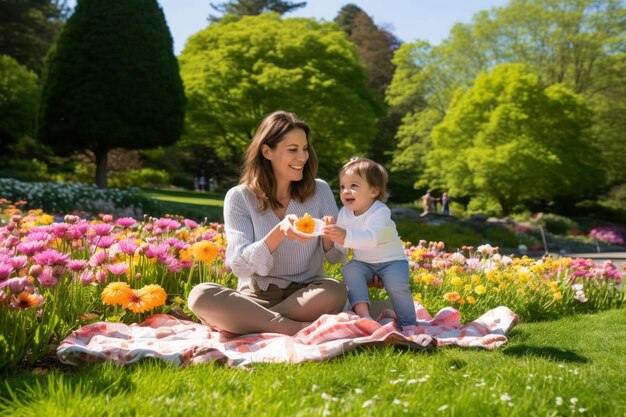 The mother is sitting on a blanket with a picnic basket next to her and she is holding her child