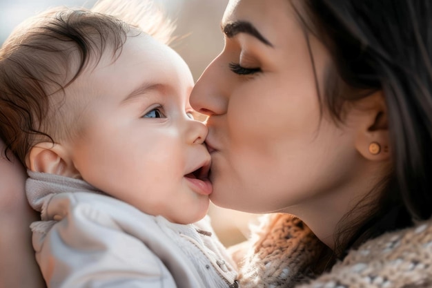 母は愛と優しさで赤ちゃんのにキスする 国際キスデーの画像