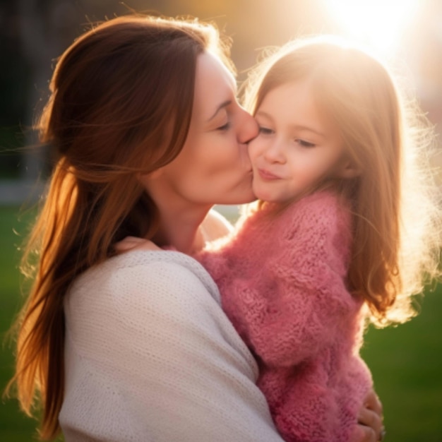 A mother kisses her daughter on a sunny day happy mothers day mom and child love