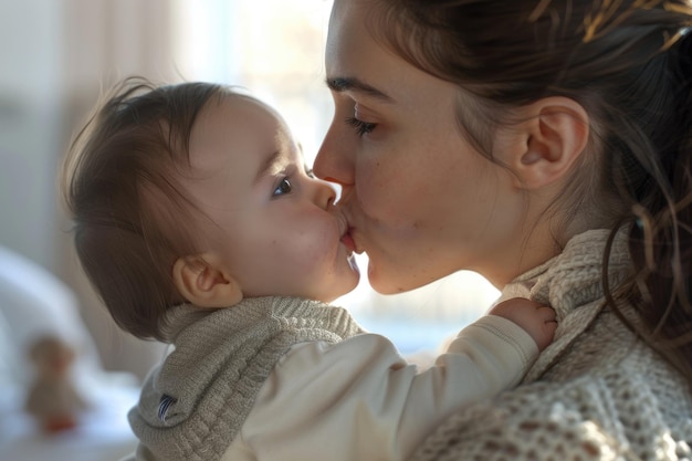 Mother kissing baby boy at home