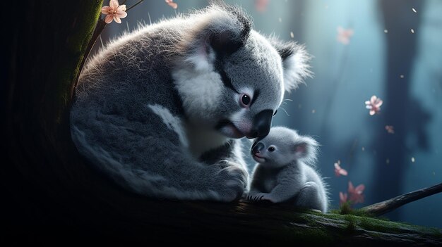 Mother Koala Kisses Cheek of Baby Koala