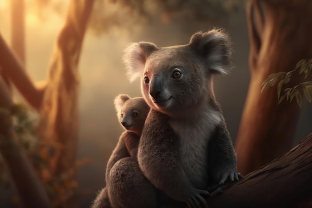 Mother koala with baby on back warm glow of sunset forest canopy