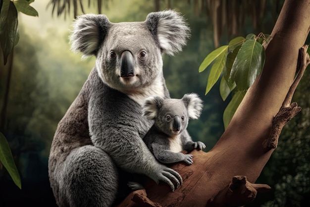 Mother koala with baby sitting on eucalyptus tree branch in rainforest