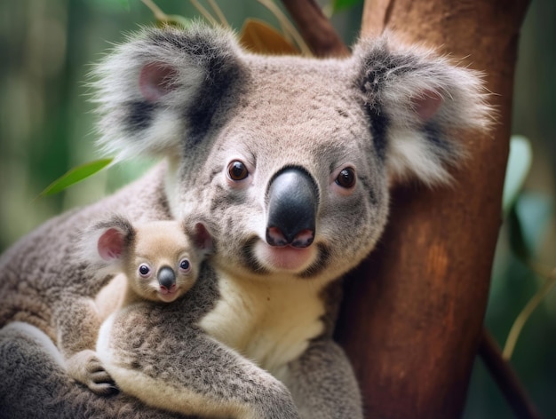 Photo a mother koala with her baby in the forest