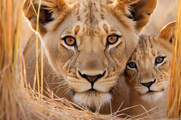 Photo a mother lion and her cub are looking into the camera