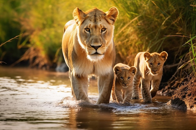 a mother lion and her cubs are walking through the water