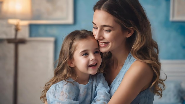 Mother and little daughter have fun on a blue background