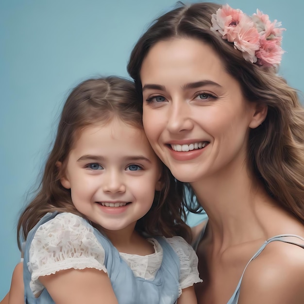 Mother and little daughter have fun on a blue background